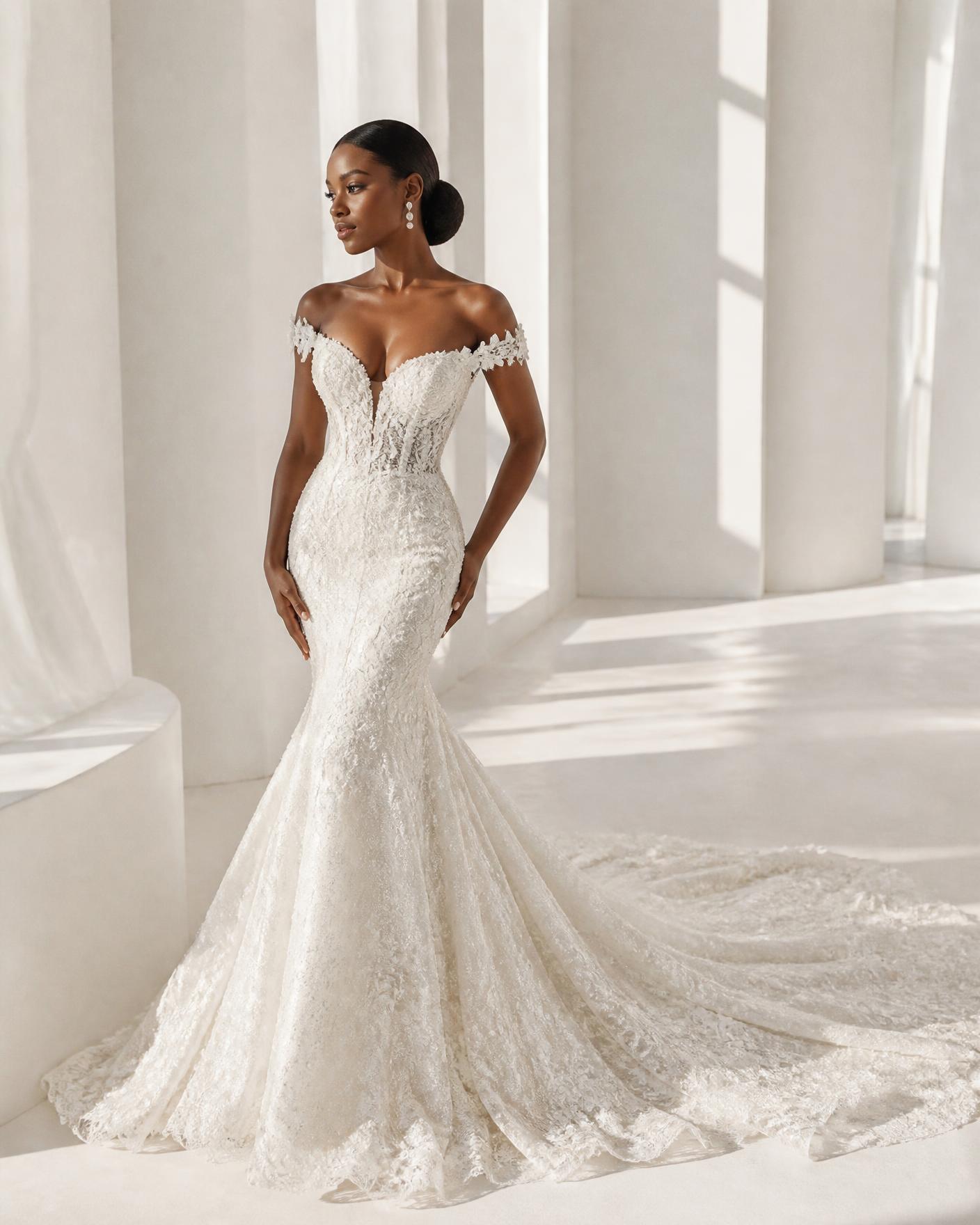 Mariée en robe de dentelle brodée, collection Adorée Paris